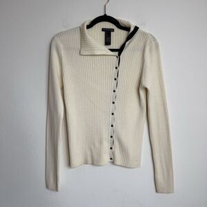 Kenneth Cole Womens LG Ivory Ribbed Knit Cardigan Asymmetrical Sweater Old Money